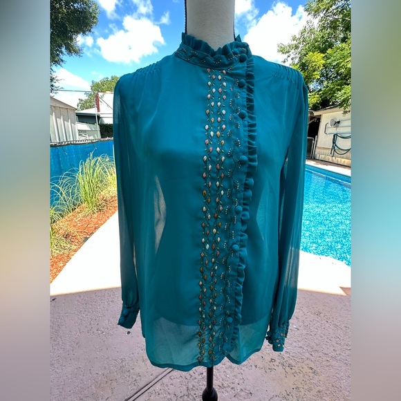 Elegant Teal Blouse with Embellished Front - Picture 1 of 9